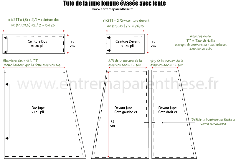 Tuto de  la jupe longue évasée avec fente